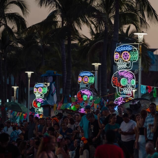 Neon calaveras line the street and malecon of Puerto Vallarta during Dia de Los Muertos. As we speak the cantrina is being built and the question on everyone's mind: What color will she be this year?
#puertovallarta #mexico #visitmexico #dayofthedead #diademuertos